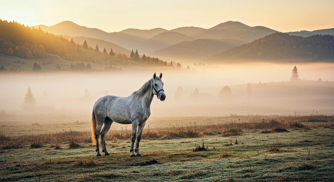 White Horse in Misty Autumn Carpathian Mountains