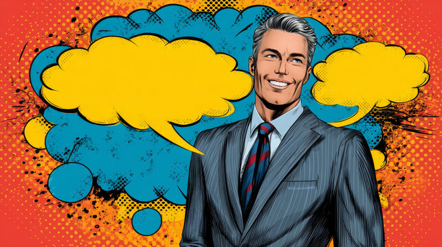 Joyful businessman comic bubble. Pop art retro vector illustration vintage kitsch