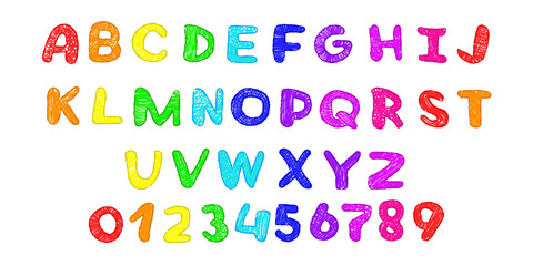 vector crayon font drawing set. Cartoon color clip art isolated on transparent background. Hand drown design element. 