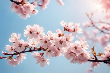 Obraz premium Soft pink cherry blossoms bloom on a branch against a bright blue sky in a botanical beauty shot.