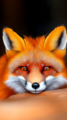 Obraz premium A vibrant red fox, eyes gleaming, rests its chin on a warm-toned surface, its fur detailed with highlights and shadows against a dark backdrop