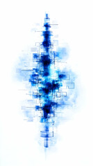 Abstract blue digital art depicting a vertical, shimmering, fragmented structure