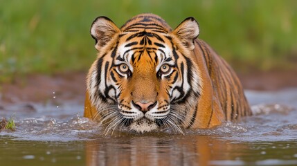 Fototapeta premium Majestic Tiger Emerging from Water in Natural Habitat