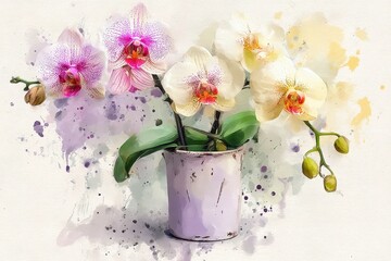 Vibrant, painted orchids in a vintage pot.