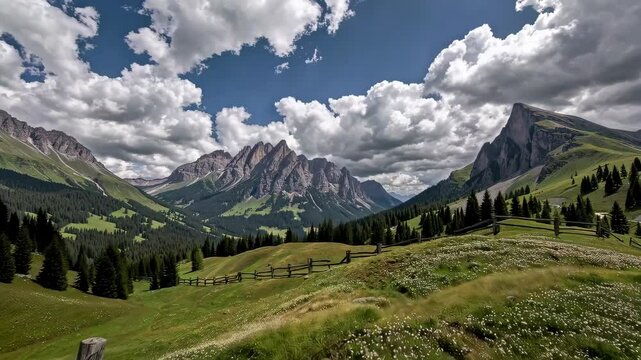 Scenic mountain valley with rolling clouds over lush greenery and wooden fence panorama