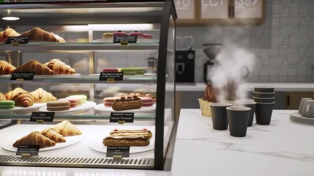 Bakery Display Case Croissants and Pastries.