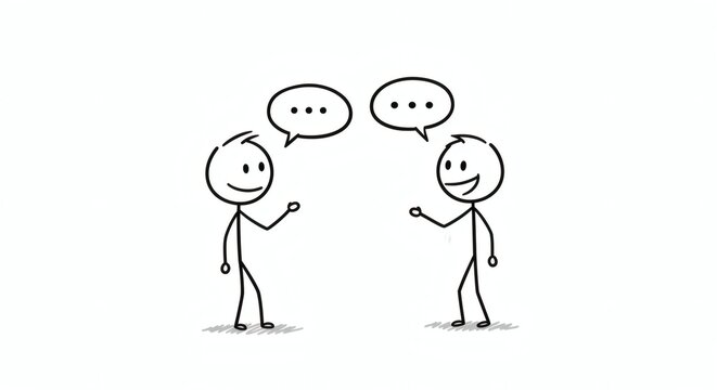 Three stickman characters in discussion with speech bubbles in minimal hand drawn cartoon setting