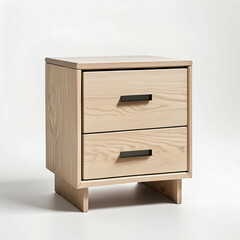 Compact two-drawer minimalist nightstand in ash wood, clean lines and flat handleless front, isolated on white.