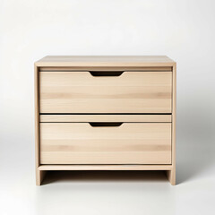 Compact two-drawer minimalist nightstand in ash wood, clean lines and flat handleless front, isolated on white.