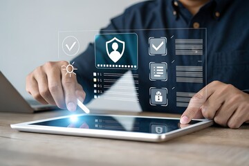 Digital recruitment process with HR manager selecting candidate using tablet in office environment, representing human resource technology and online hiring system in modern business workflow