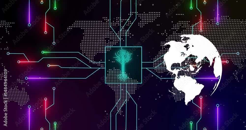 Poster digital 3d render showing cyan circuit lines converging on square with glowing green tree chip
