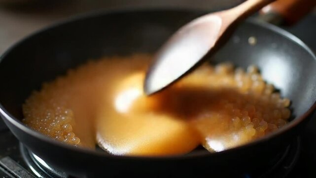 sugar in a frying pan melts in a pan on gas fire and turns into caramel