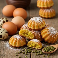 Homemade brown sugar cake dusted with powdered sugar, styled with mung beans and eggs on the side. A warm, heartfelt dessert scene that evokes love, tradition, and home baking