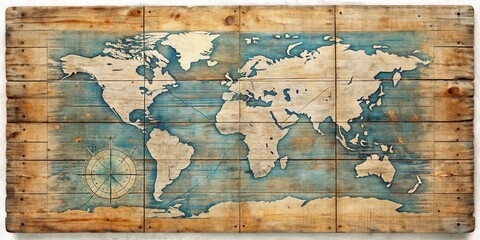 Obraz premium Distressed wooden plank with a worn, faded nautical chart of the open ocean , antique, ocean, antique