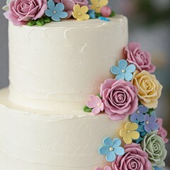 Close-up of a white cake decorated with soft pastel flowers. A simple yet elegant dessert