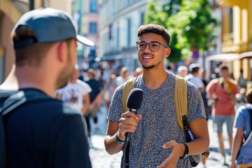 Young man interviews public on sunny city street
