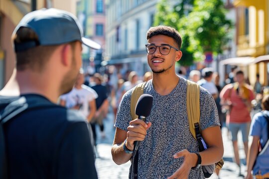 Young man interviews public on sunny city street