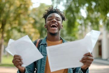 Student celebrates good exam results with joy
