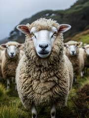 A dominant, light-tan sheep stares directly at the camera, flanked by others in a verdant, hilly pasture under a cloudy sky