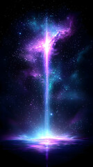 A vibrant cosmic beam pierces a nebula, its radiant light reflecting on a calm, dark body of water below, surrounded by a star-dusted sky