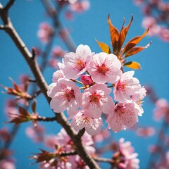 sakura flowers or cherry blossom in spring with blue bright sky on the background