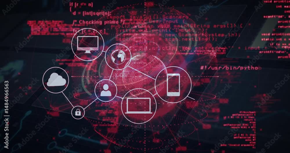 Poster network icons being animated in 3d connecting around wireframe globe over dark security backdrop