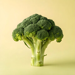 Broccoli placed upright on a pastel yellow background.
