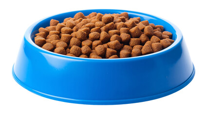 Dog food in a blue bowl isolated on transparent or white background. Generative ai