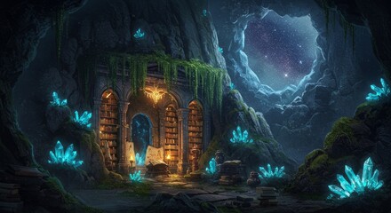 Enchanting cave library, glowing crystals