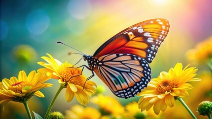 Colorful butterfly perched on a bright yellow flower with delicate petals and intricate details, bloom, insect,  bloom