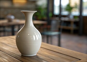 A large vase elegantly placed on a wooden table, showcasing its design against a natural backdrop
