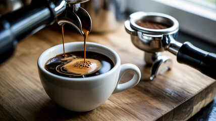 Dynamic Shot of an Espresso Being Poured into a Cup Focus on the Contrast between Dark Espresso and 