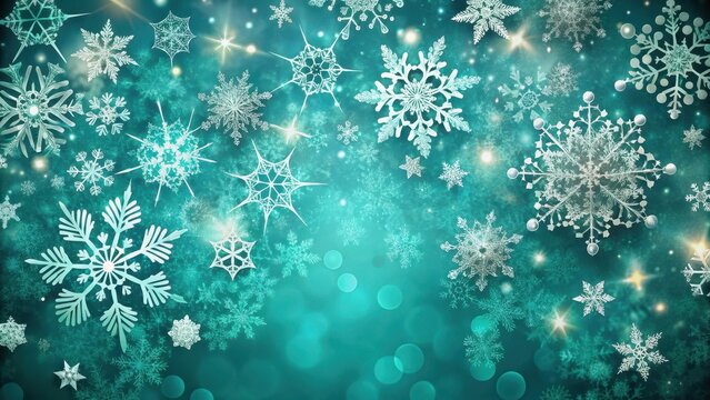 Delicate snowflakes dance in whimsical patterns on a rich teal background, creating a mesmerizing winter wonderland scene , magic