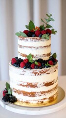  Naked Wedding Cake on Marble – Fresh Berries and Greenery 