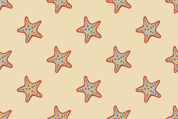 Seamless pattern with starfish on beige background. Summer sea background.