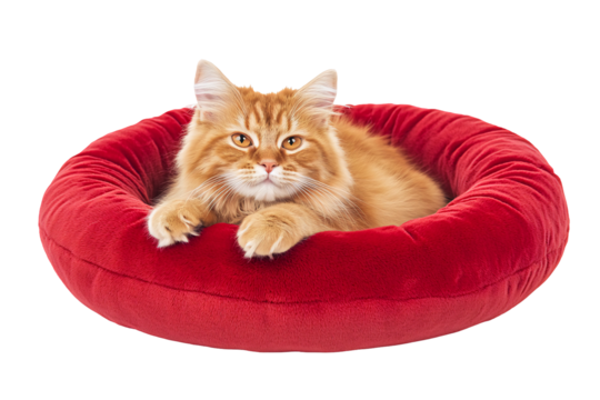 Ginger cat in a red circular bed isolated on transparent or white background. Generative ai