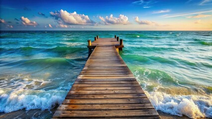 Obraz premium Serene ocean waves gently lapping against a weathered wooden dock, calm, natural, calm, natural, blue, waves, water, peaceful