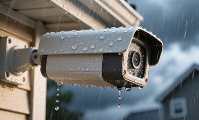 Weatherproof Security Camera with Water Droplets Mounted on Building Exterior During Rainfall Close-up View