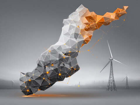 abstract tech illustration of iran with solar panel and wind turbine icons connected by energy trans