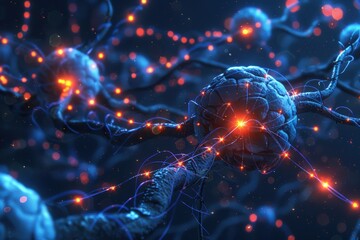Digital illustration of active neurons firing electrical signals in a neural network, glowing with vibrant blue and orange lights.