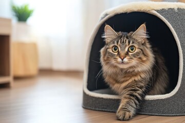 Cat stepping out of closed litter box in living room