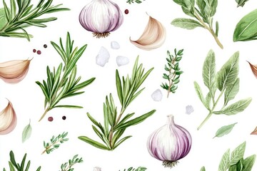 herbs and sea salt seamless pattern, Mediterranean kitchen motif, rosemary, thyme, garlic, watercolor botanical
