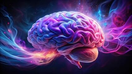 A brain with a swirling mix of purple and pink colors, synesthesia, mind,  synesthesia, mind