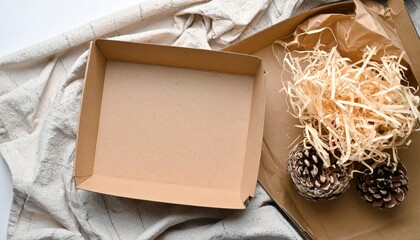Crafting natural decor pinecones and packaging home office still life cozy environment top view eco-friendly concept