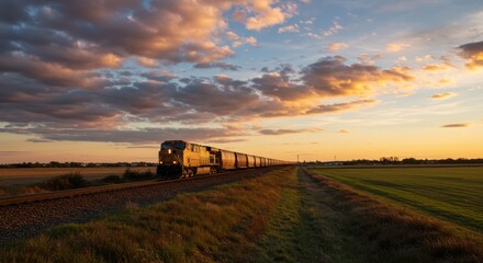 Fototapeta premium Freight train at sunset conveying transportation and logistics across rural landscape