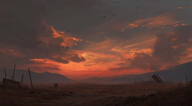 Desolate sunset over a ravaged landscape. Two figures stand silhouetted against the fiery sky