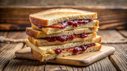 A detailed close-up of a peanut butter and jelly sandwich stack on a wooden table, with the creamy filling oozing between the two slices of soft bread , snack, food