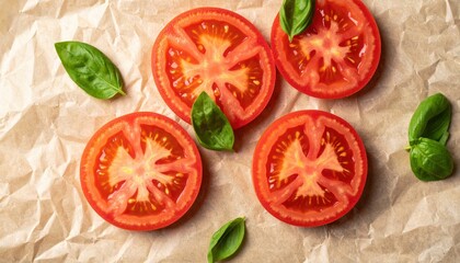 Slicing fresh tomatoes with basil on crinkled paper kitchen setting food photography natural light culinary concept