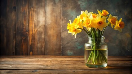 Daffodils in Glass Jar on Wooden Table, botany, wooden table,  botany, wooden table, flower arrangement