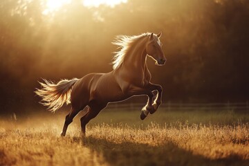 Buckskin horse rearing at sunset on ranch